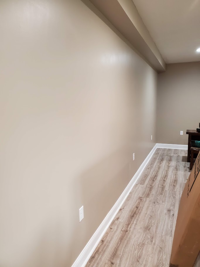 Finished basement with light gray painted walls, dark ceiling, natural wood doors, and light wood-look flooring.